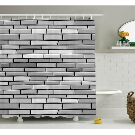 Contemporary Shower Curtains Grey Shower Curtain, Illustration of Brick Wall Contemporary Artprint 3d Style Vision Modern and Shabby Design, Fabric Bathroom Set with Hooks, Gray, by Ambesonne ()