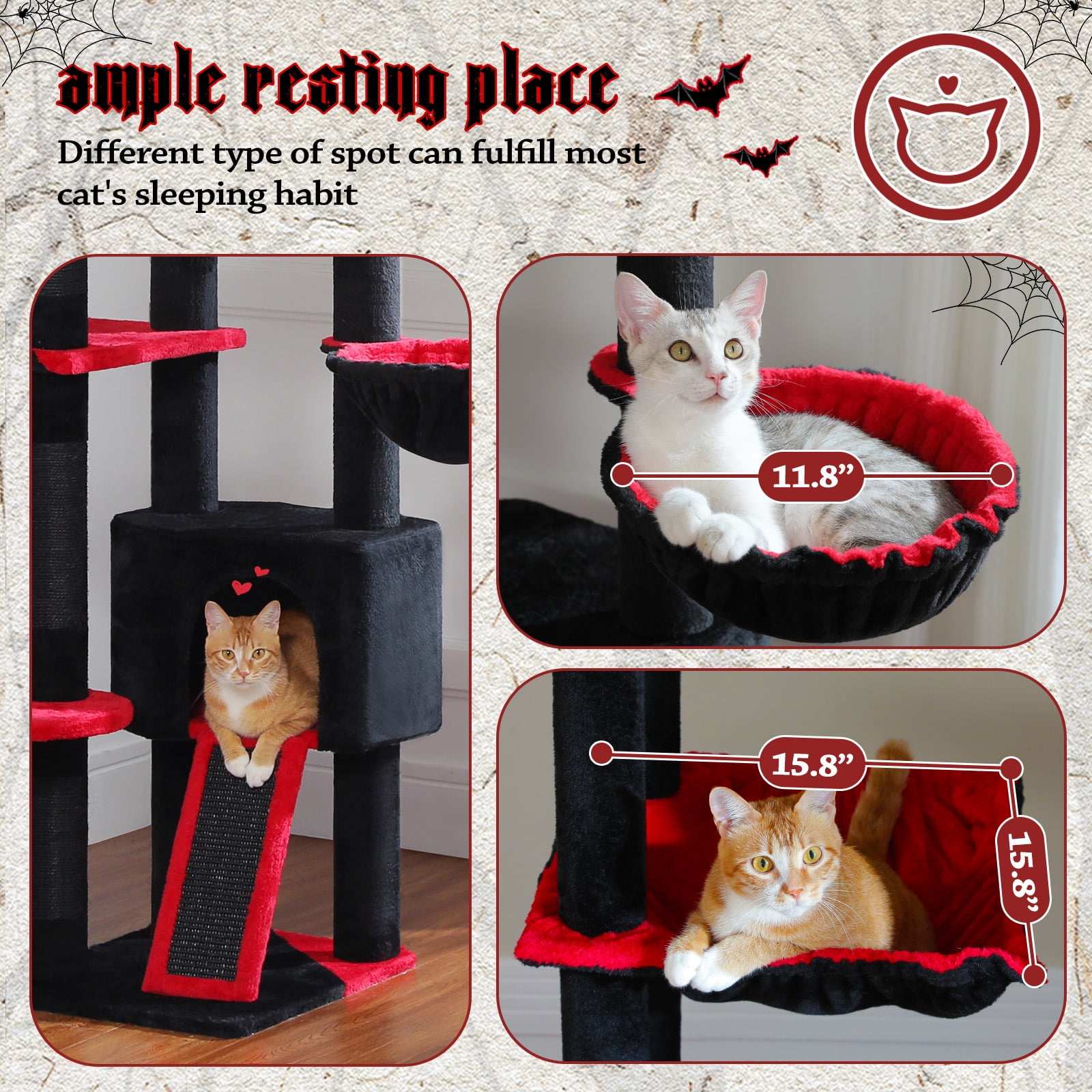 Kadyn Floor to Ceiling Cat Tree Tower Ajustable Height (90.5''~100.4'') 6 Tiers Cactus Cat Tree House with Cat Condo Hammock and Sisal Covered Post for Indoor Cats, Black