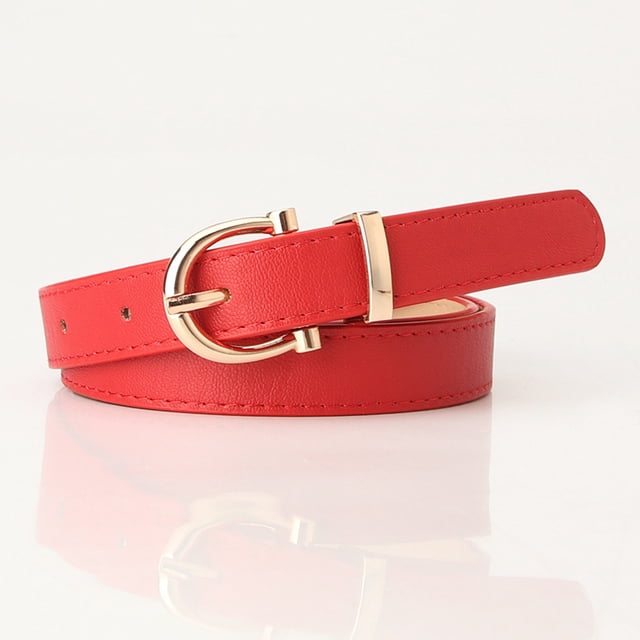 Xiao Hua Cinturón de piel sintética para mujer, ideal para vestir y vaqueros, con hebilla dorada (rojo).