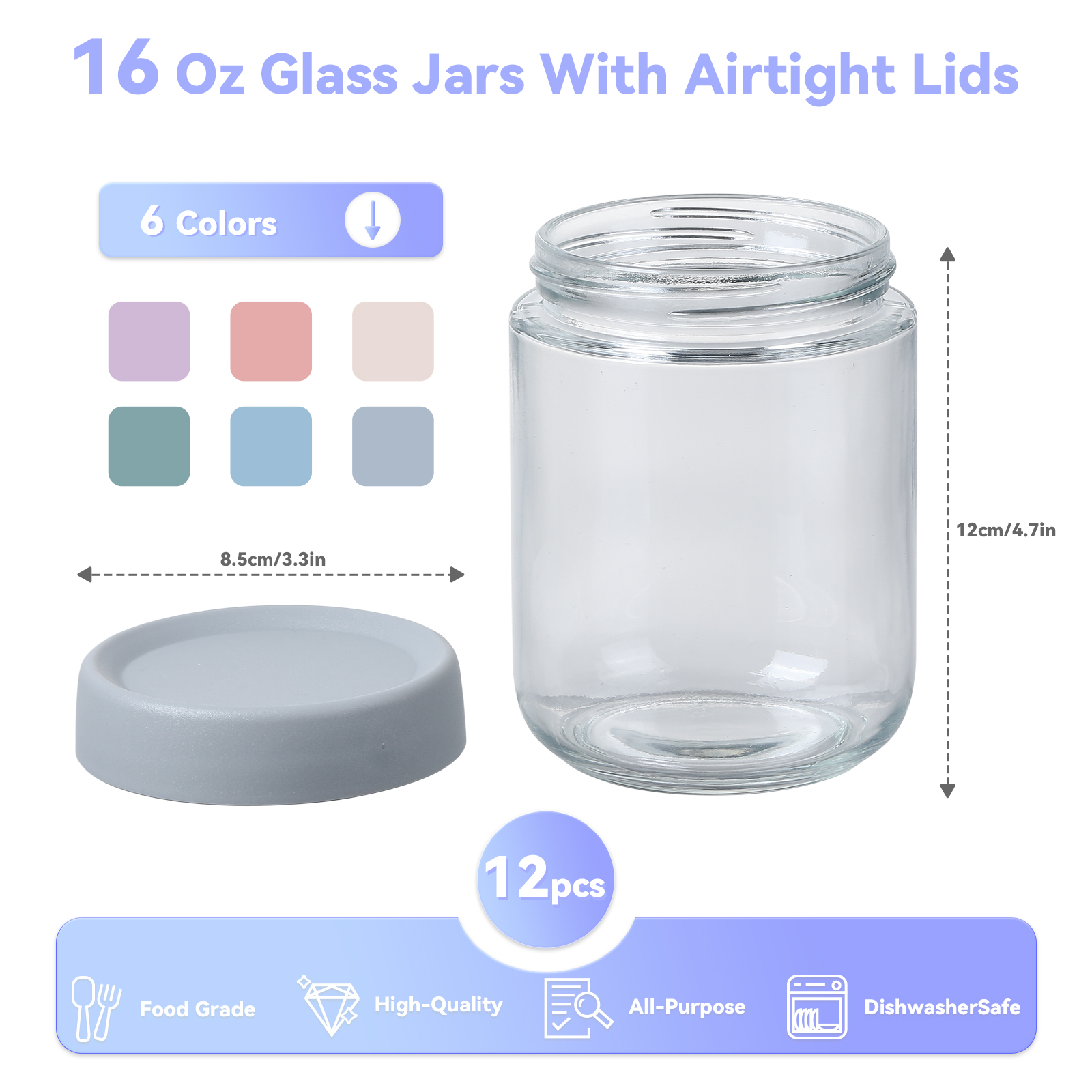 Novelinks 12 Pack Overnight Oats Containers with Plastic Lids,16 Oz Glass Mason jars with Airtight Lids, Clear Glass Fruit Yogurt Storage Jar,Kitchen Canisters