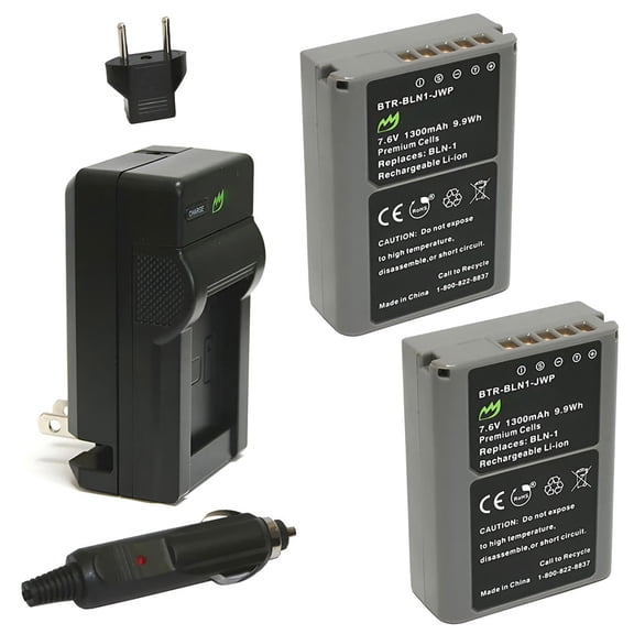 Replacement for Olympus OM-D E-M1 Battery (2-Pack, 1300mAh) and Charger with Car Adapter