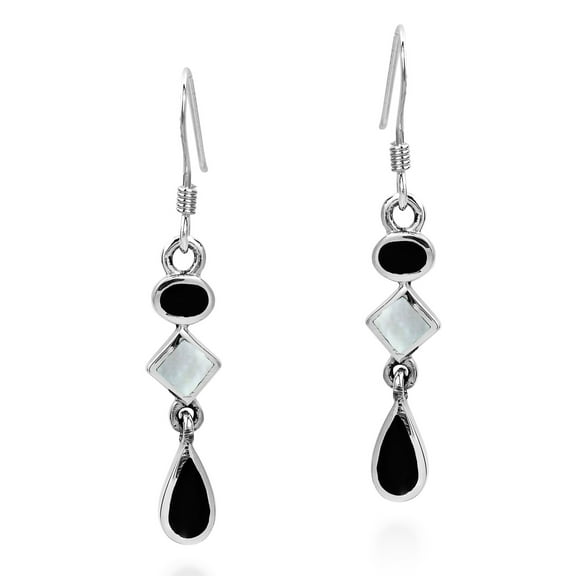 AeraVida Geometric Shapes Black Onyx and Shell in Sterling Silver Fishhook Dangle Earrings