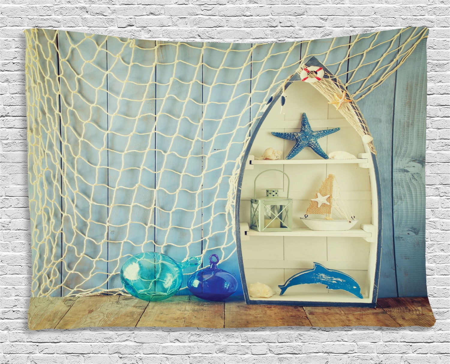 Nautical Decor Tapestry, Nautical Boat Against Wall with Other Aquatic Objects Sea Featured