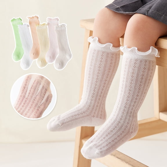 Tisuna Toddler Girls Socks Kids 3 Pairs Knee High Stocking Socks With Lace Trim Solid Color Dress Socks For Toddler Kids Age 3-5 Years Beige