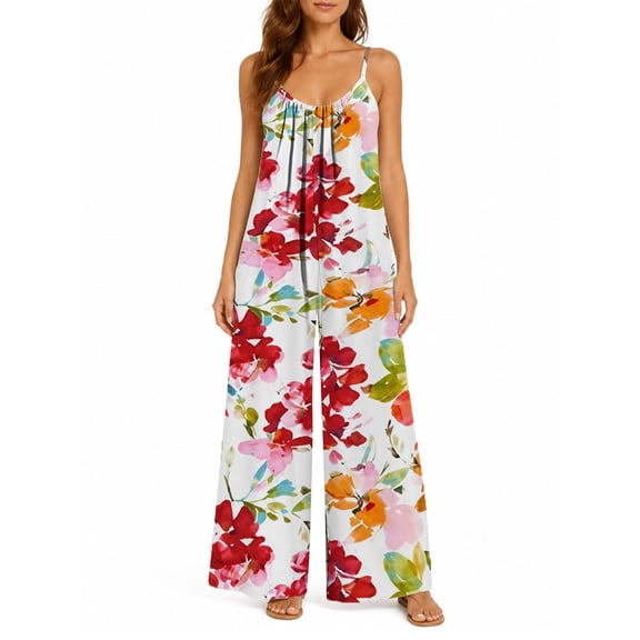 Women'S Colorful Blossoms Jumpsuits Sleeveless Spaghetti Strap Loose Baggy Wide Leg Overalls Romper
