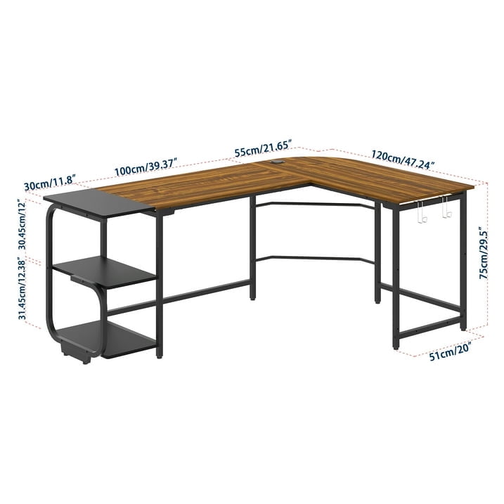 Yoneston 70" L Shape Computer Desk with 2-tier Bookshelf Storage, Large Home Office Corner Computer Table with Hooks, Teak Brown