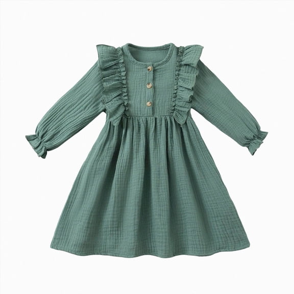 Splozh Fall Toddler Girl Dress Cute Dresses Girls Comfortable and Fashionable Dress Simple Solid Color Long Sleeve Dress,Green,3-4 Years