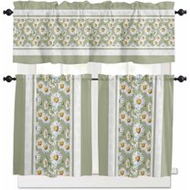 Sage Green Daisy Kitchen Curtains, Farmhouse Floral Green Striped 3-Piece Kitchen Curtain Valance and Tiers Set 24 Inch Length, Rod Pocket Half Window Curtains for Cafe Living Room Bathroom