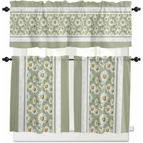 Sage Green Daisy Kitchen Curtains, Farmhouse Floral Green Striped 3-Piece Kitchen Curtain Valance and Tiers Set 24 Inch Length, Rod Pocket Half Window Curtains for Cafe Living Room Bathroom