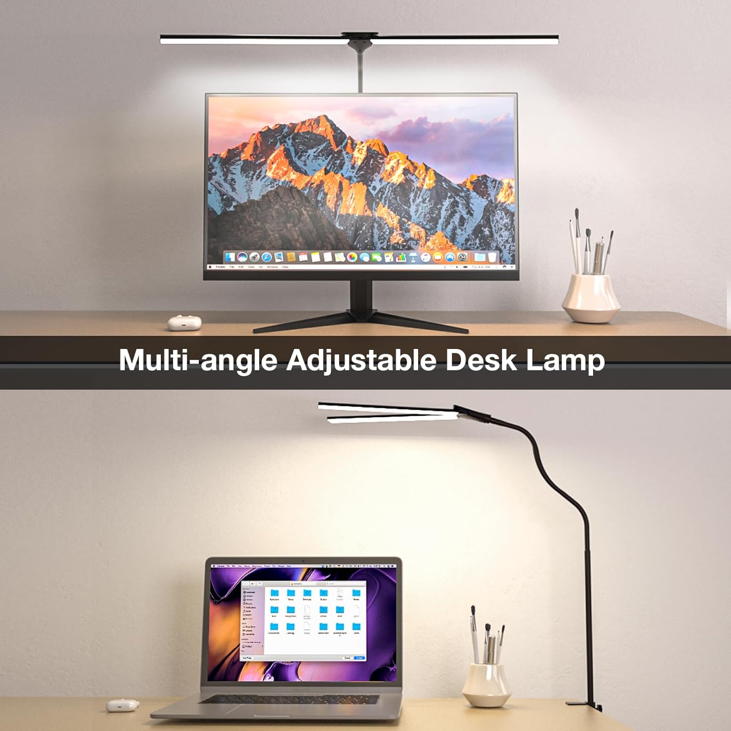 LED Desk Lamps for Home Office, Double Head Monitor Light - Flexible Hose, Adjustable Height, 5-Level Dimmable Eye-Caring Brightness & Color, Architect Lamp for Work, Study