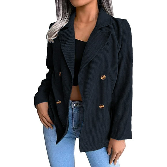 DondPO Blazers for Women Women's Solid Corduroy Autumn and Winter Suit Collar Double Breasted Blazers for Women Business Casual Work Office Suit Jackets Blue S Clearance!