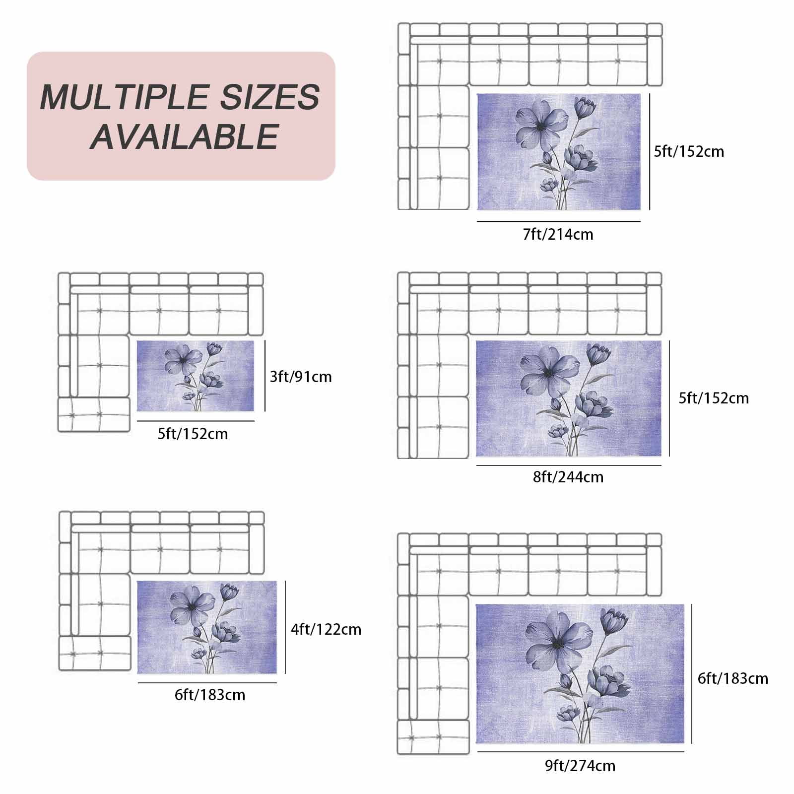 Purple Floral Outdoor Rug for Patio/Deck/Porch, Non-Slip Large Area Rug 5 x 8 Ft, Vintage Botanical Gradient Pastel Painting Indoor Outdoor Rugs Washable Area Rugs, Camping Rug Carpet Runner