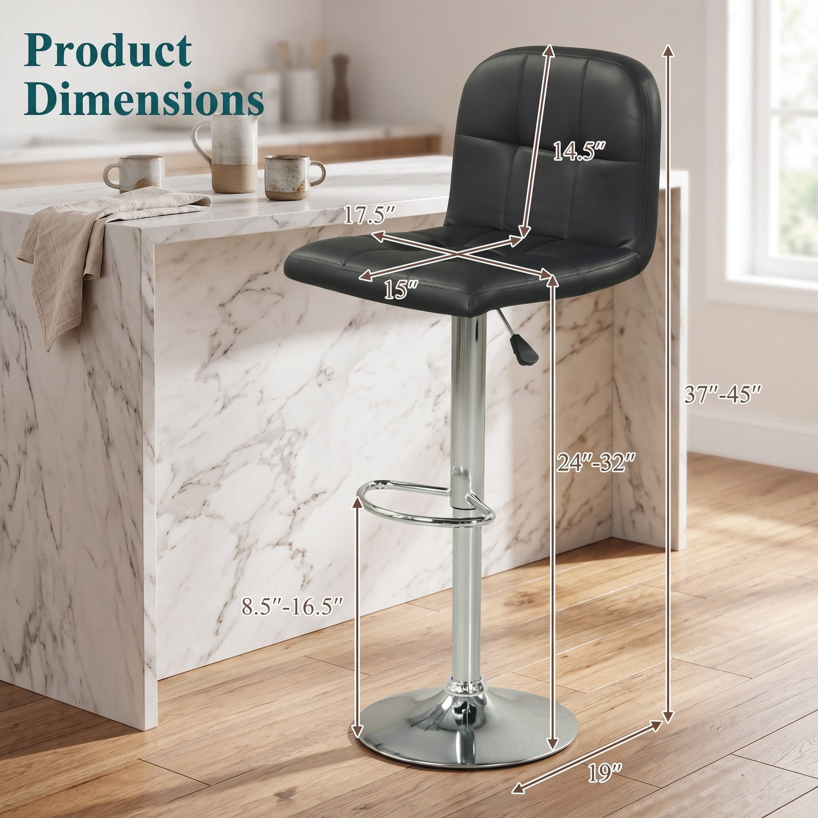 Furnibear Swivel Bar Stools Set of 2, 24-32 Inch Adjustable Height Counter Barstools with Footrest and Backrest, 360 Degree Swivel Faux Leather Cushioned, Black