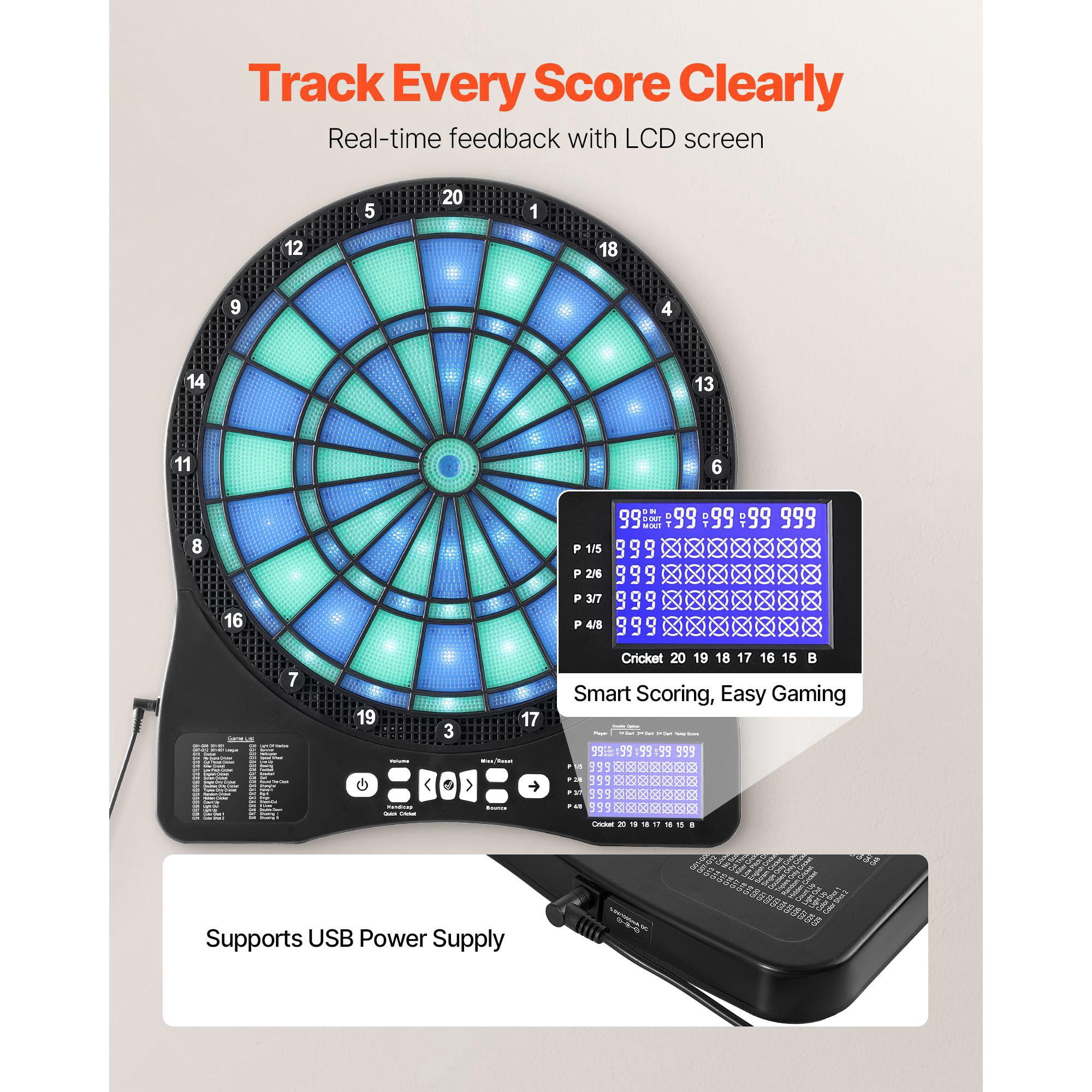 Electronic Dart Board LED Illuminated Target with 48 Games 500 Variations 6 Dart Shafts Flights 50 Soft Tips Cricket Scoring LCD Screen Supports 8 Players