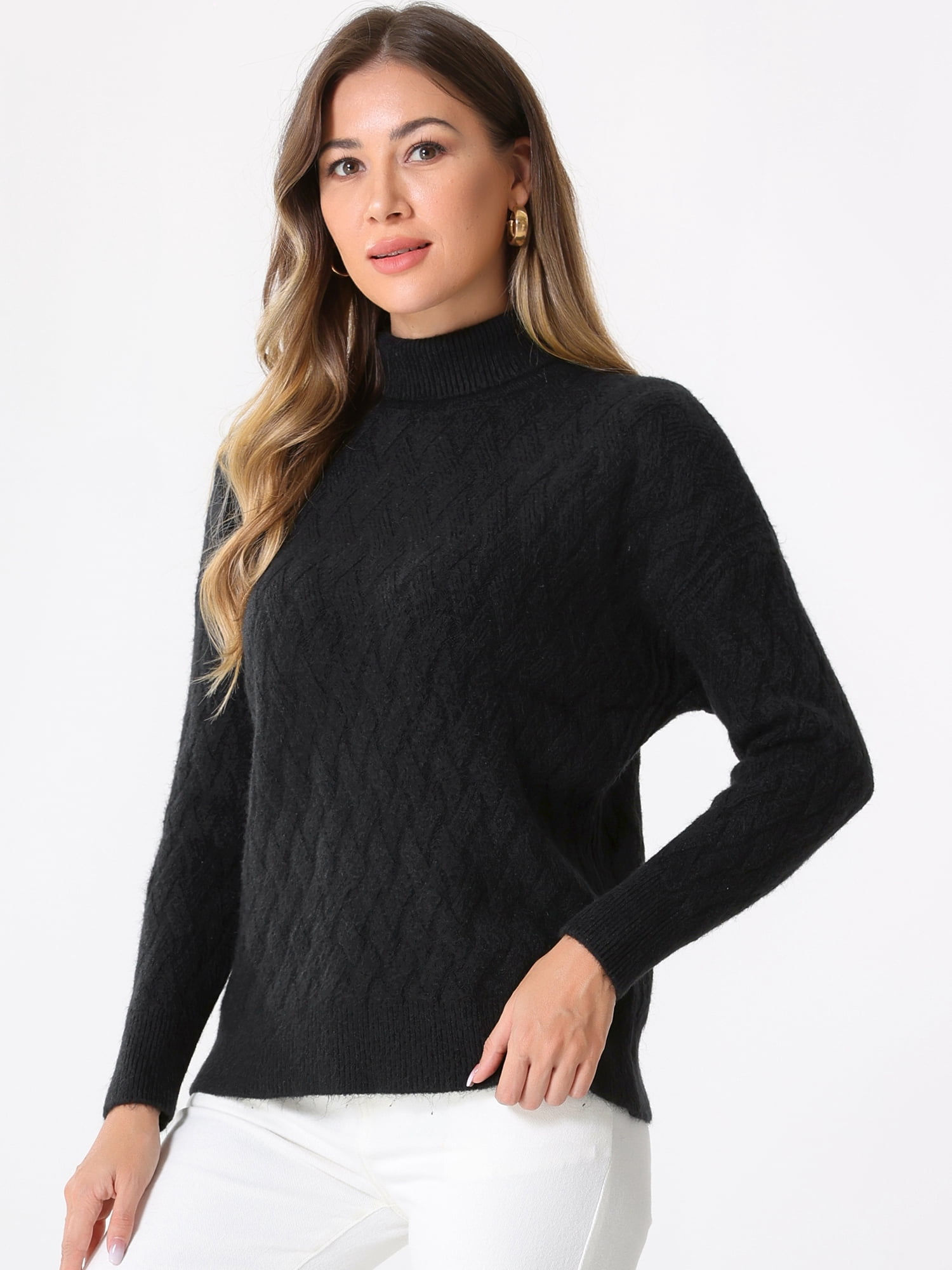 DARING DIVA Ribbed Sweater High Neck Long Sleeve Knit Top M Black