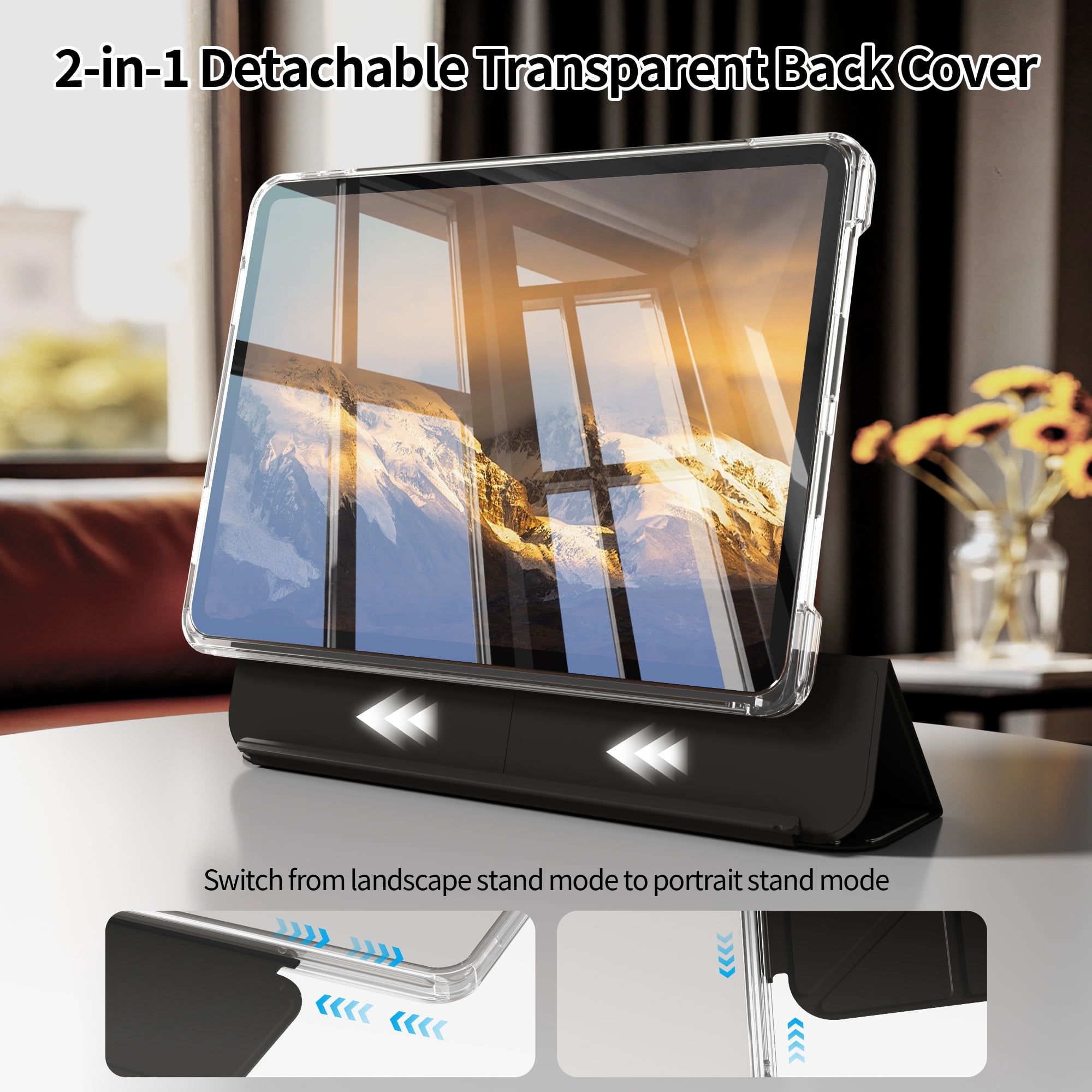 KVTVOU Case for iPad A16 11th Gen 11-inch 2025/10th Generation 10.9" 2022 with Pencil Holder, Detachable 2 in 1 Sliding Removable Cover, Transparent PC Back&TPU Shockproof, Slim Trifold,Black