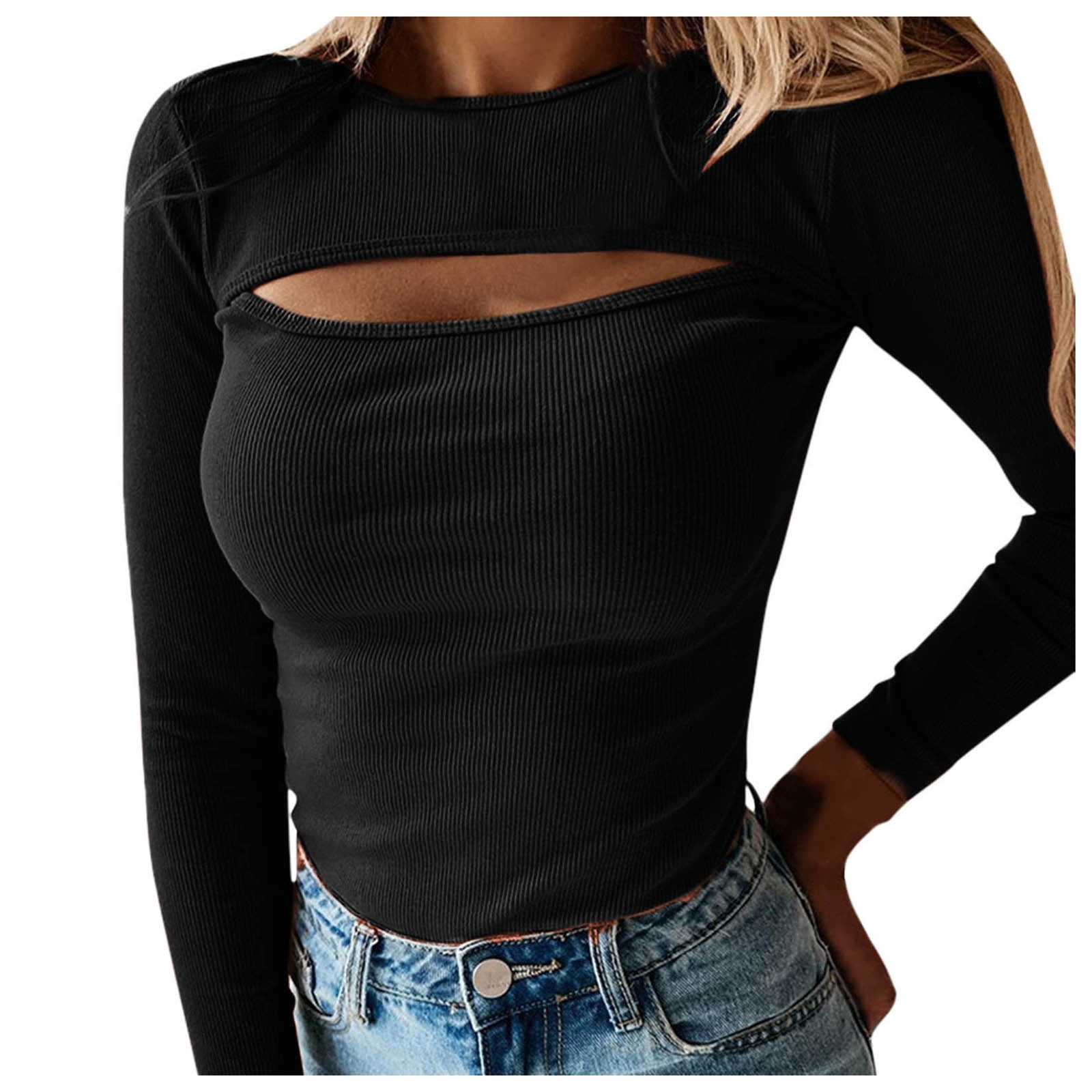 Long Sleeve Shirts for Women Autumn Chest Cutout Ribbed Casual Tee