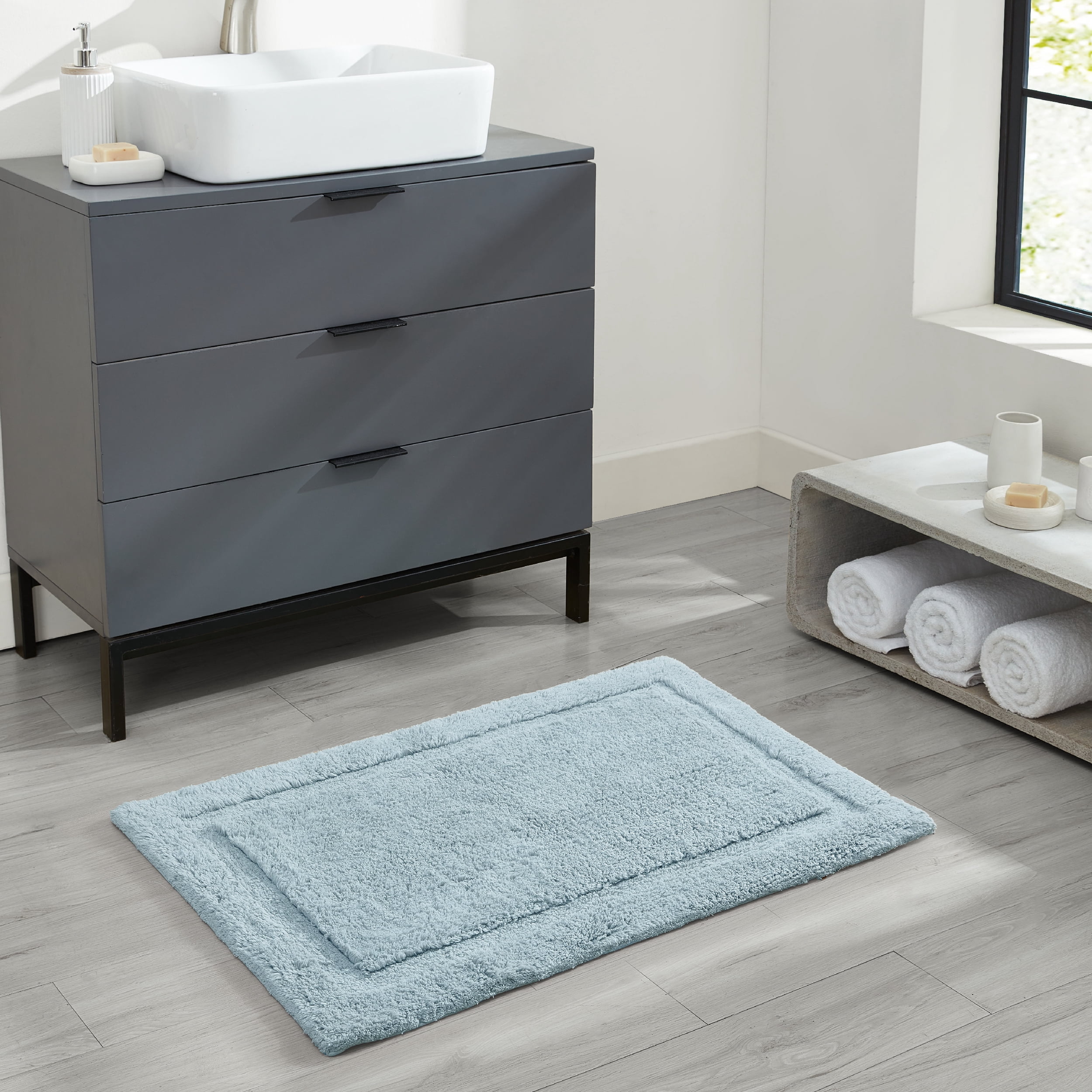 Jean Pierre New York Lydia Border 100% Cotton Bath Mat - Non-Slip Bath Rug - Light Blue - 20"x30"