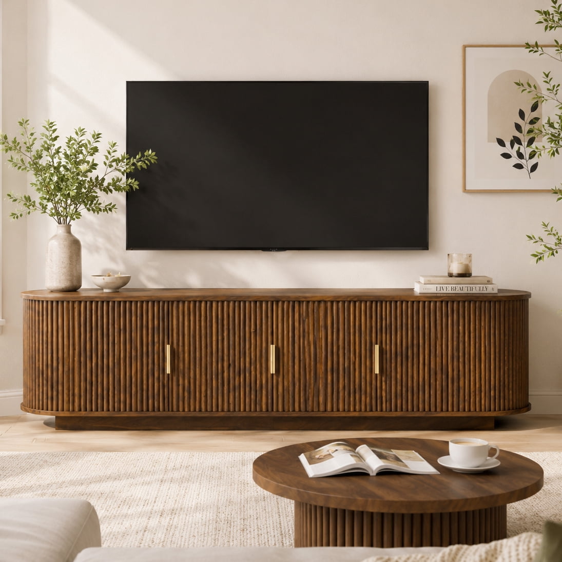 Aukfa 67" Fluted TV Stand for TVs up to 75", Sliding Doors,Walnut