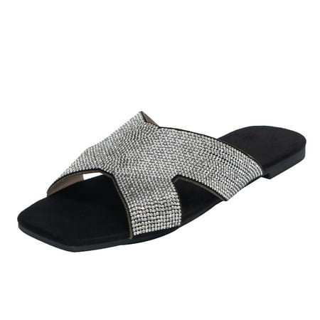 

Dyfzdhu Rhinestone Shiny Summer Strap With Diamond Encrusted Plain Open Toe Slippers Casual