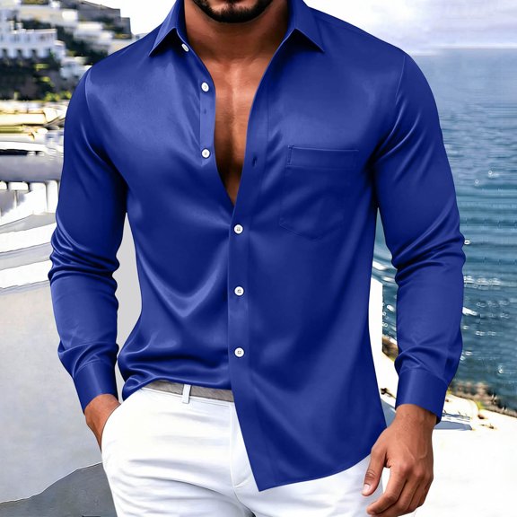 Mens Satin Shirts Long Sleeve Solid Color Button Down Shirts Casual Wrinkle-Resistant Formal Party Shirt Dark Blue XXL