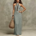 thumbnail image 4 of Women Halter Neck Sleeveless Bodycon Maxi Dress, Solid Color Slim Fit Ruched Long Slip Dress, Elegant Evening Gown Gray L(L), 4 of 5