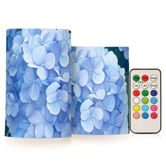 Blue Hydrangeas Flickering Flameless Candles LED Tealight Battery Operated with Remote Set of 2 Holiday Decor Ornaments