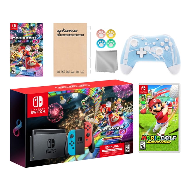 Nintendo Switch Mario Kart 8 Deluxe Bundle: Red/Blue Console, Mario Kart 8 & Membership, Mario Golf: Super Rush , Mytrix Wireless Pro Controller Blue Bamboo and Accessories