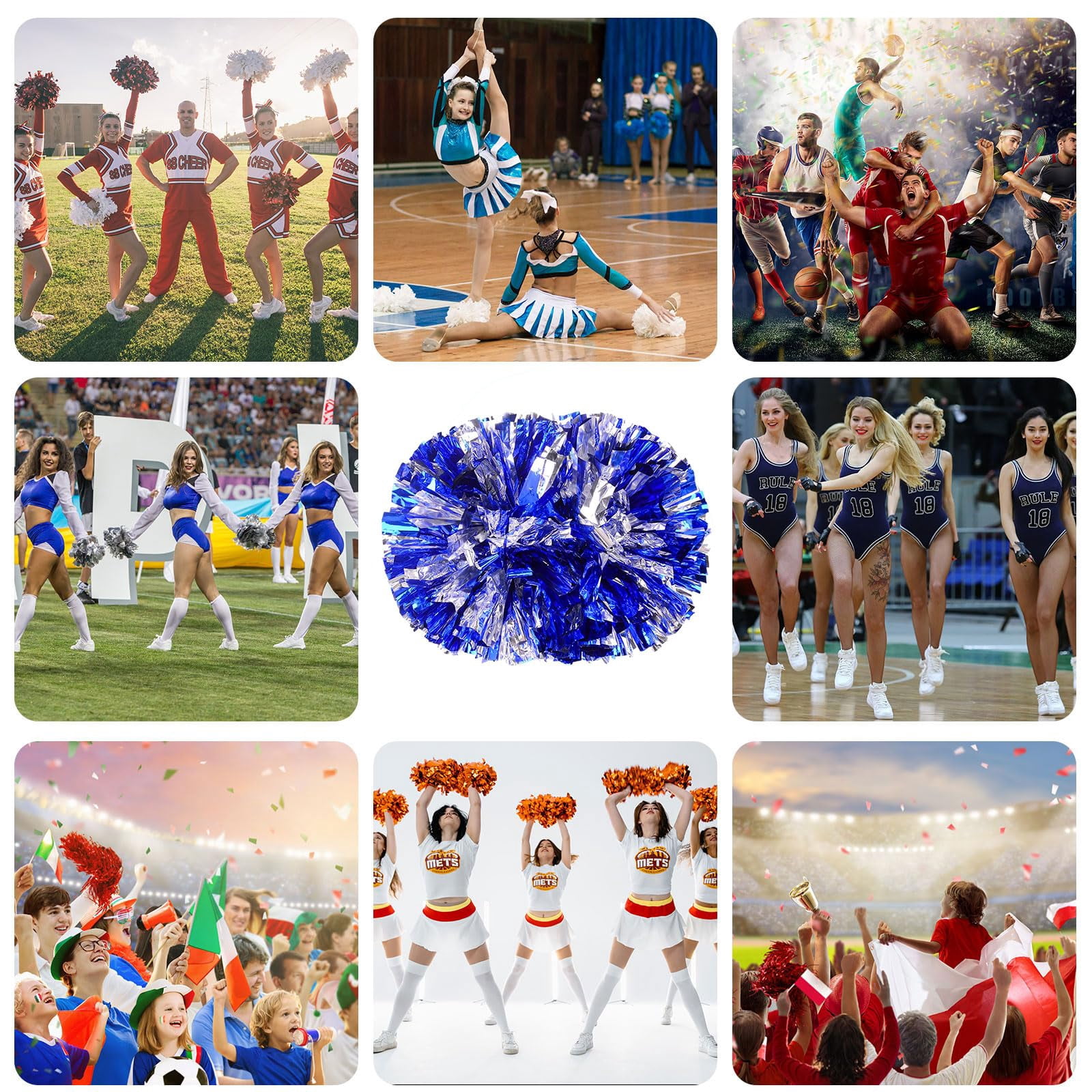 Pom Poms Cheer 14 Pcs with Handle, Cheerleading Handheld Squad Pompoms for Sports Team Spirit Games Dance Party Adults