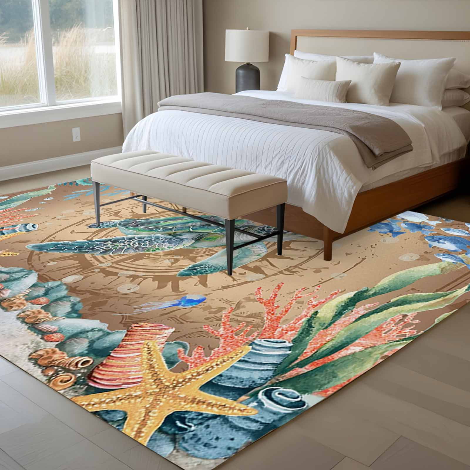 5'x7' Area Rugs for Living Room Bedroom, Sea Turtle Coastal Washable Rug Carpet Runner Indoor Outdoor, Summer Nautical Starfish Coral Brown Anchor Non Slip Floor Mats Area Rug for Kitchen, Nursery