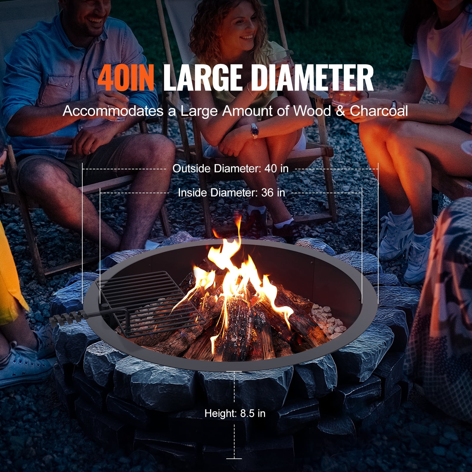 SKYSHALO Fire Pit Circle, BBQ Fire Ring Combo, 40-In Outer/36-In Inner Diameter, 8.5in Tall, Carbon Steel Construction, DIY Campfire Circle for Above or In-Ground, Outdoor Camping, Bonfire Gatherings