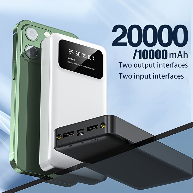 Large capacity 10000mAh/20000mAh power bank, support Micro/Type-C interface, dual input and dual output digital display power bank, dual LED lamp portable mobile power supply, safe and stable polymer