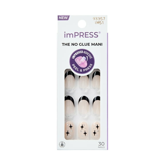 KISS imPRESS Design  Press on Nails, Gold Ring, Black, Short Oval, 30 Count