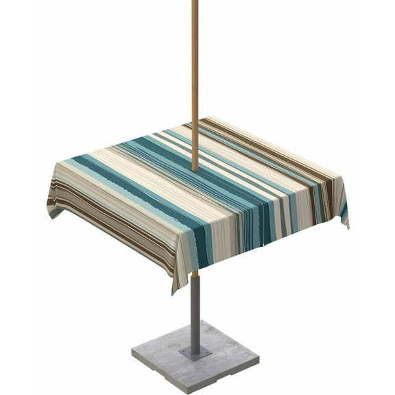 Turquoise Beige Outdoor Square Tablecloth with Umbrella Hole 54x54,Boho Vertical Stripes Bohemian Retro Wrinklefree Wipeable Fabric Table Cloth Waterproof Zippered Cover for Camping Picnic Patio