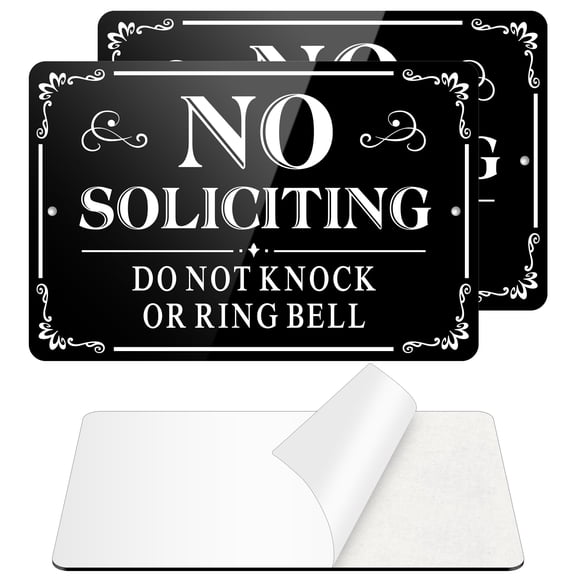 No Soliciting Sign 2 Pack, Self Adhesive Metal Signs for Front Door and Yard, 9x6 Inches Aluminum Do Not Knock Sign, Weatherproof and Rustproof, Black