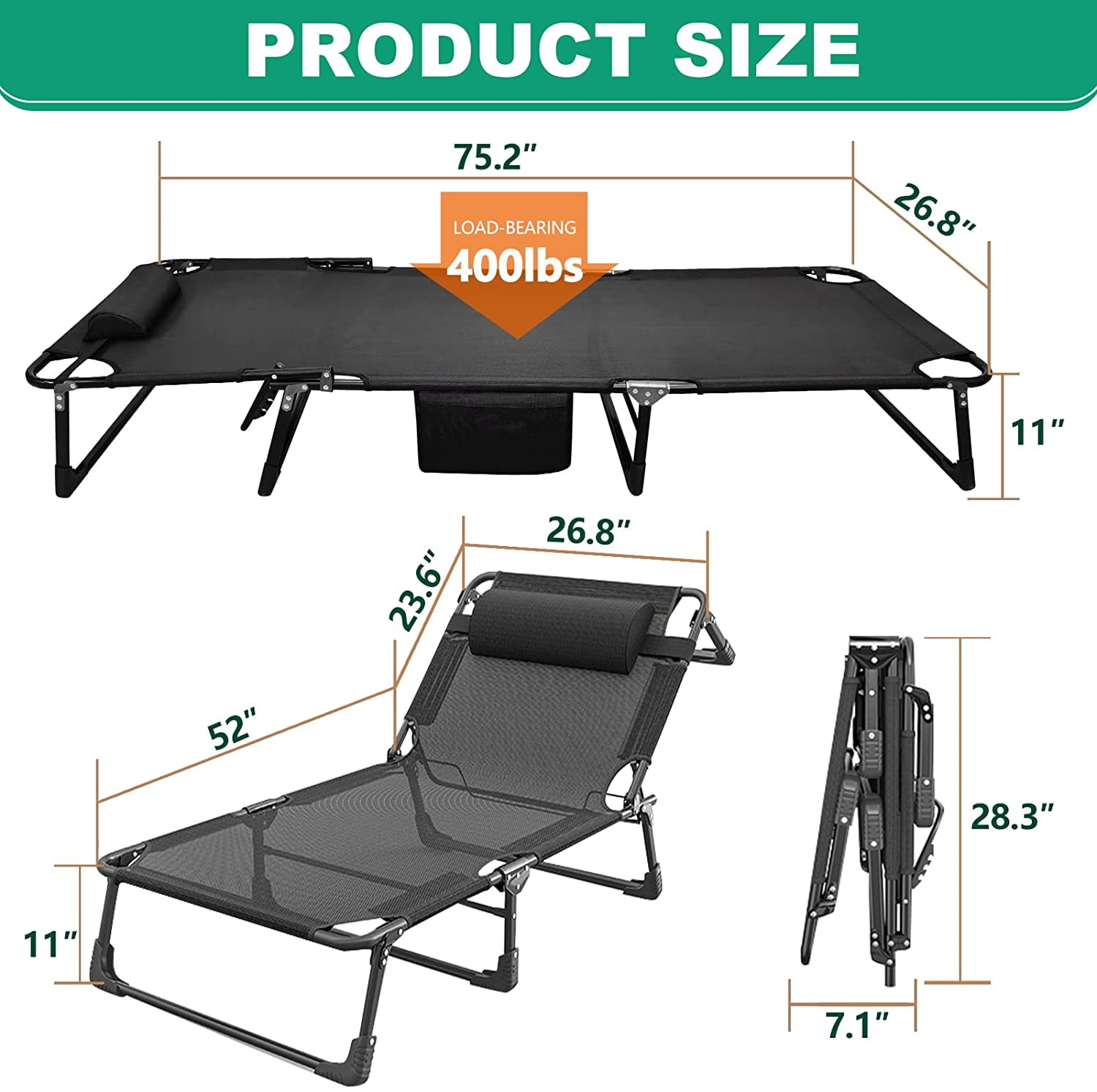 Slsy 4-Fold Sleeping Cots for Adults,Portable Folding Camping Cot,Outside Adults Reclining Folding Chaise with Pillow,Outdoor Patio Lounge Chair for Suntanning,Perfect for Pool/Beach/Patio/Sunbathing 