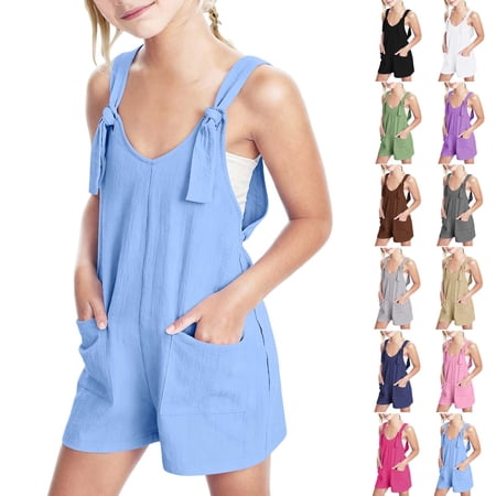 HAOTAGS Jumpsuits for Girls Casual Sleeveless Strap Romper Summer Shorts with Pockets Blue 9 Years