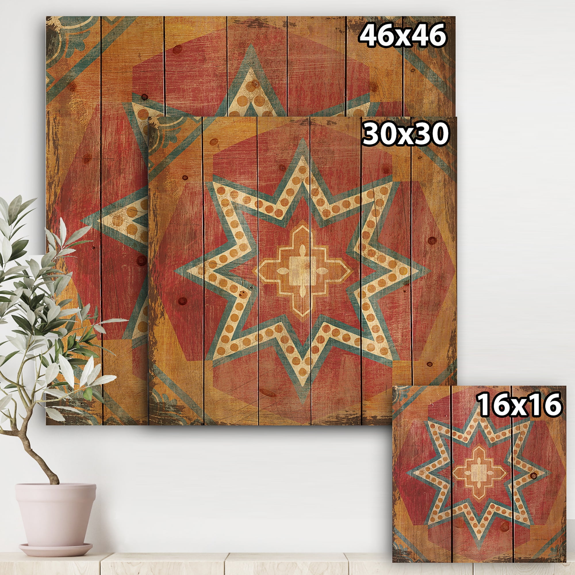 Designart 'Orange Moroccan Tiles Collage I' Bohemian Chic Print on Natural Pine Wood