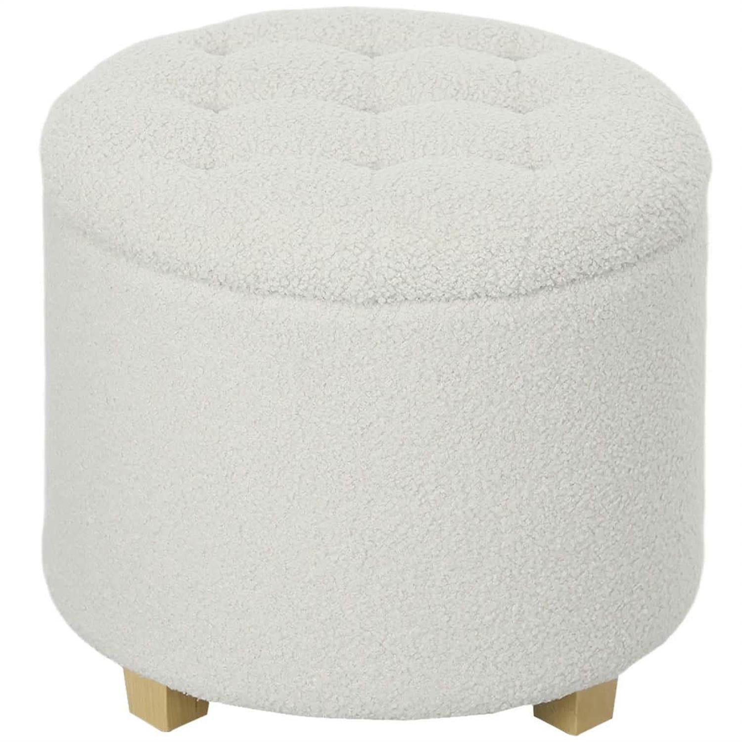Demi Bonn 17" Round Ottoman with Storage, Wooden Legs, Cozy Teddy Fleece Tufted Footstool Lid for Living Room Hallway, White