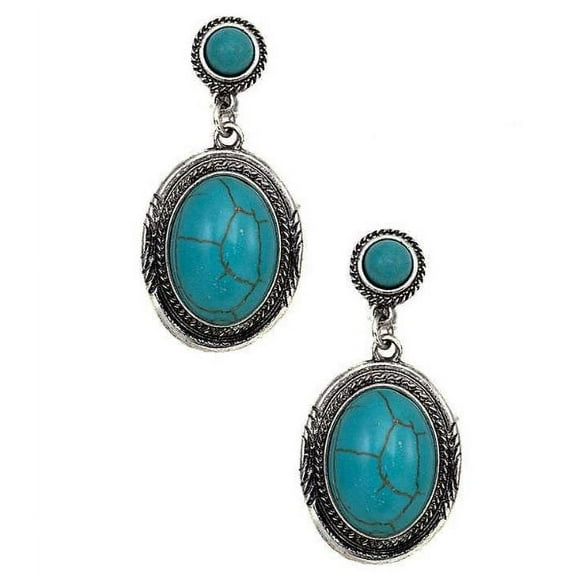 Clip on 1 3/4" western silver and turquoise stone oval earrings
