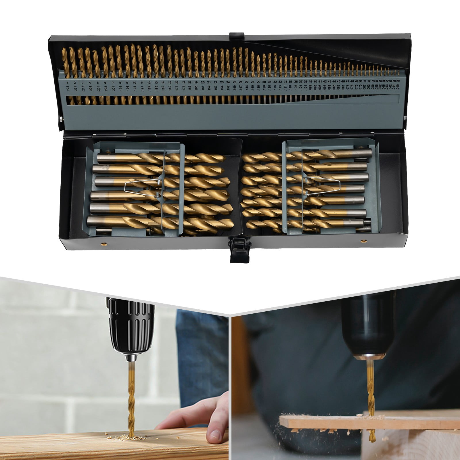 115PCS Drill Bit Set, 4241 High Speed Steel & Iron Material, Gold Black Painted Surface. 118° Point Angle, Straight Round Shank, Spiral Flute for Electric Drill Mount