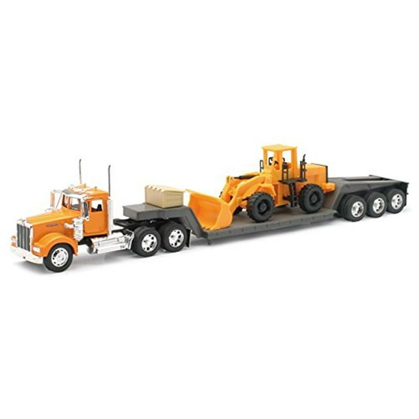 Kenworth W900 Truck with Lowboy Trailer Orange and Wheel Loader