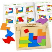 Coogam Wooden Puzzle Blocks Geometric Tangram Brain Teasers Jigsaw 3D Logic IQ Game Colorful Shape Pattern Montessori STEM Educational Toys Gift 60 Challenges for All Ages