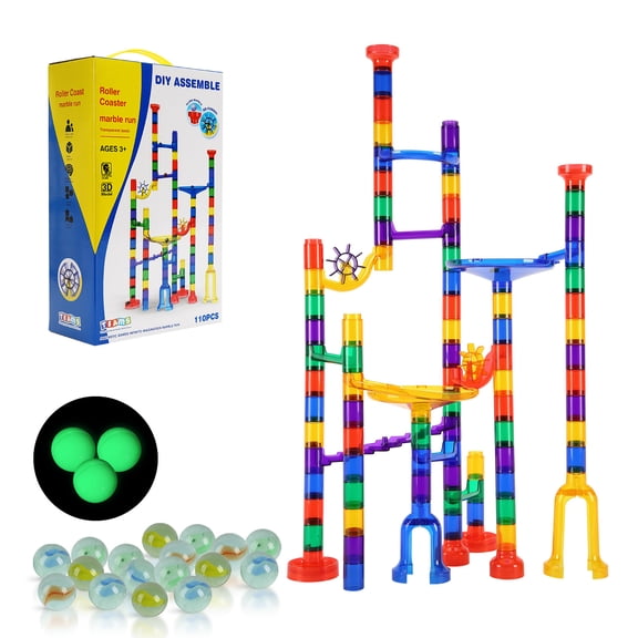 KFFKFF Marble Run Set, 110 Unit Marble Puzzle Construction Game, Includes 10 Luminescent Marbles   20 Glass Marbles, Cognitive Development Racing Circuit STEM Playthings