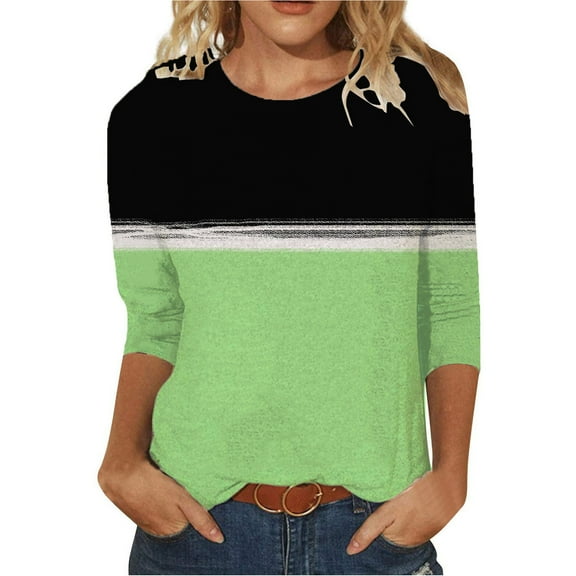 WREESH Womens Fashion T-Shirts Color Block T-Shirt Mid-Length 3/4 Sleeves Blouse Round Neck Casual Tops Pullover Green