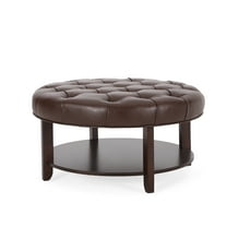 Baynes Contemporary Faux Leather Tufted Wood Round Ottoman with Open Shelf, Dark Brown and Espresso