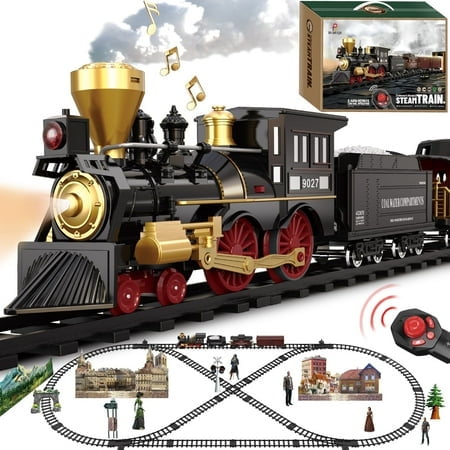 Train Set for Kids Remote Control Train Toys w/Steam Locomotive, Fuel Tank Car & Luxury Tracks, Electric Trains w/Realistic Smoke,Sounds & Lights, Christmas Birthday Gift for Boys Girls 3 4 5 6 7+