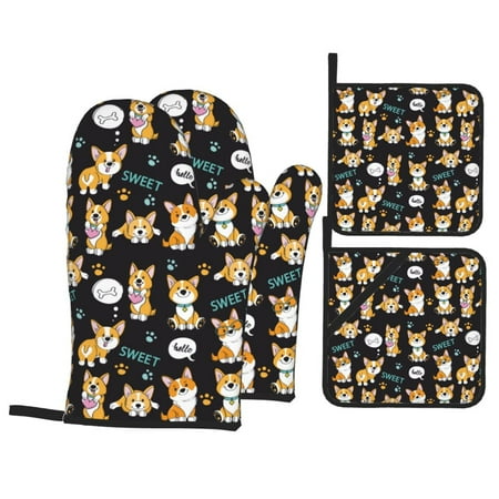 

Oven Mitts and Pot Holders Sets 4 pcs Cute Dogs Corgi Non-Slip Oven Gloves Potholders Soft Quilted Lining Heat Resistant Gloves Hot Pads for Kitchen Cooking Baking