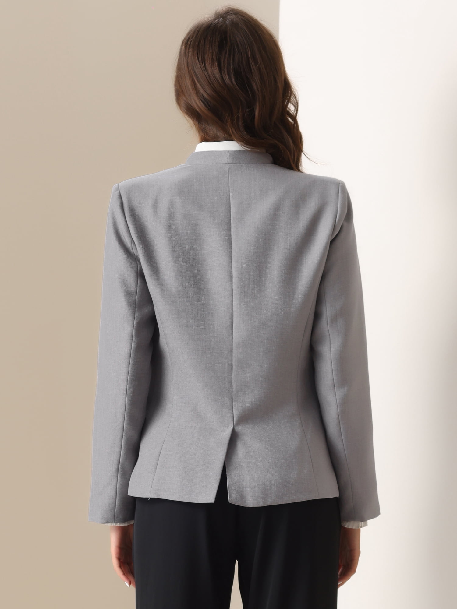 DARING DIVA Women's 1 Button Stylish Collarless Blazer Work Suit L Grey