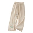 thumbnail image 2 of Cotton Linen Pants for Women 2026 Spring Summer Loose Elastic Waist Wide Leg Flower Embroidery Beach Pants with Pockets, 2 of 5
